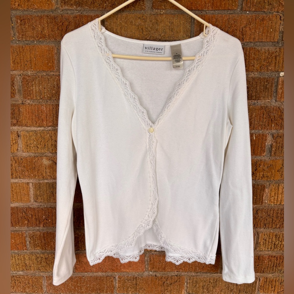 Villager Ribbed Lace Trim V-Neck Cardigan M 1 Button White Coquette Costal Y2K